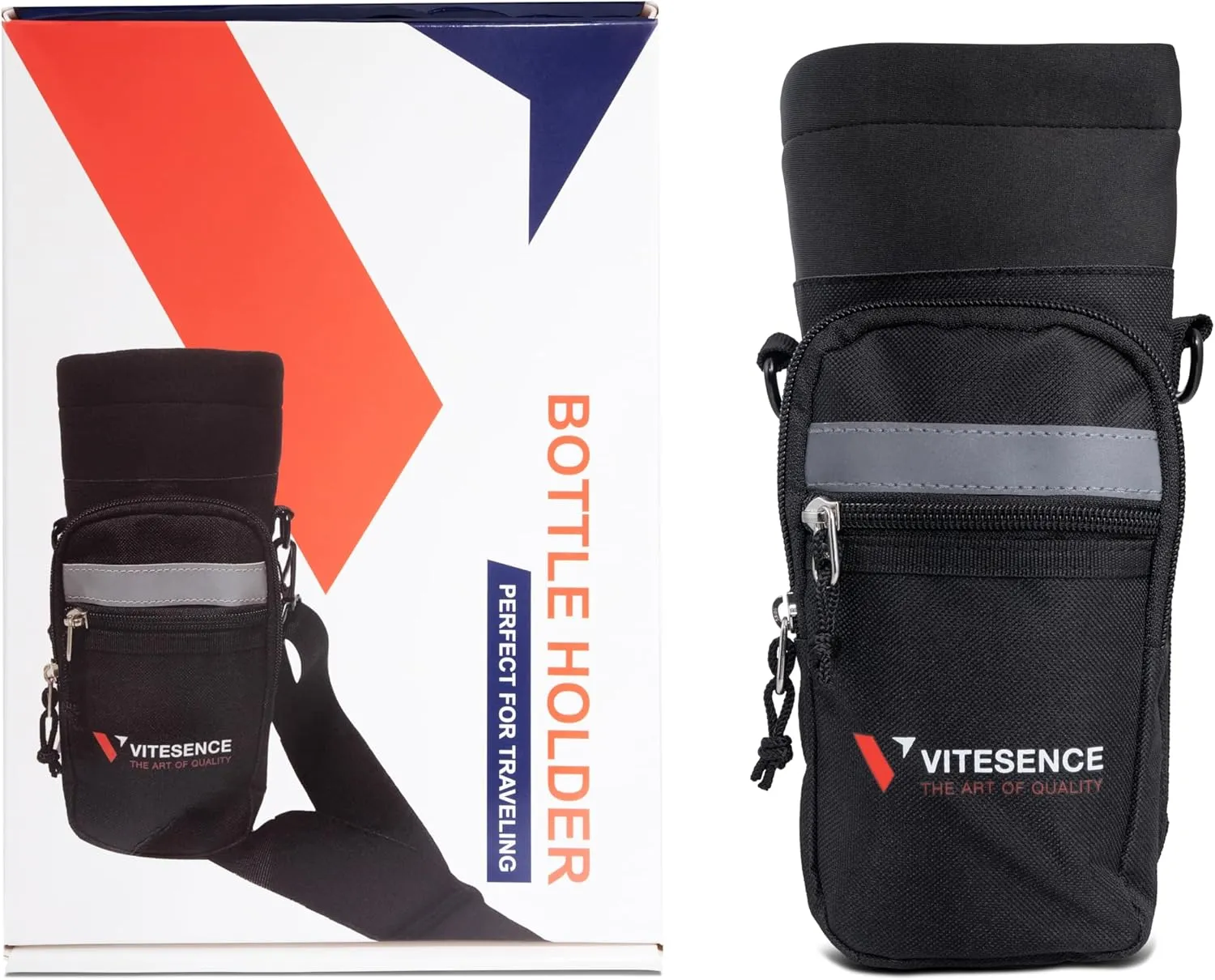 | Water Bottle Holder | Bottle Carrier with Strap | 2 Zippered Pocket Design | Insulated Neoprene Pouch | Reflective Material | Crossbody water bottle for outdoor hiking and camping
