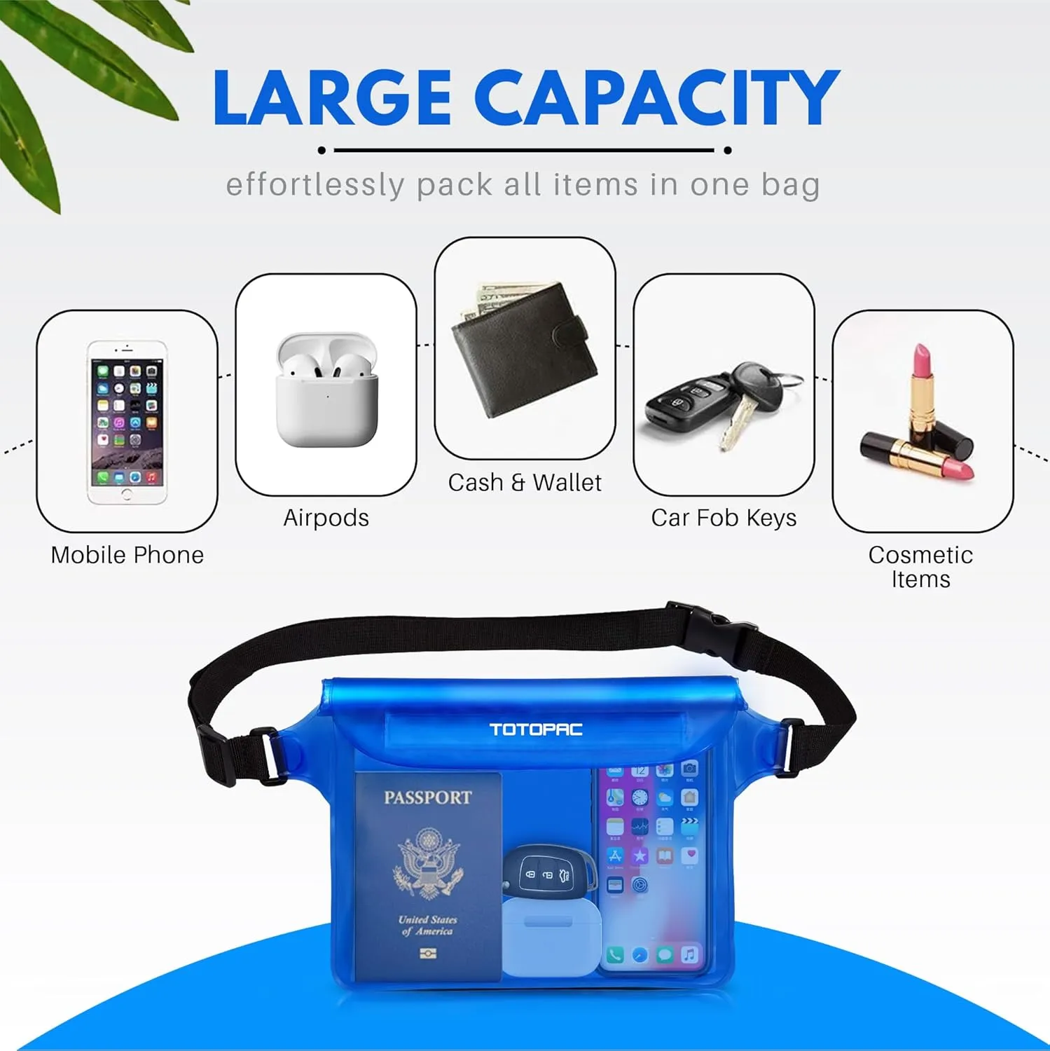 2-Pack Waterproof Fanny Pack, Phone Pouch with Waist Strap, 9x6.7 Inch Dry Bag for Phone, Cash, and Valuables  for Swimming, Kayaking, Boating, Snorkeling, and Water Sports (2, Blue   White)