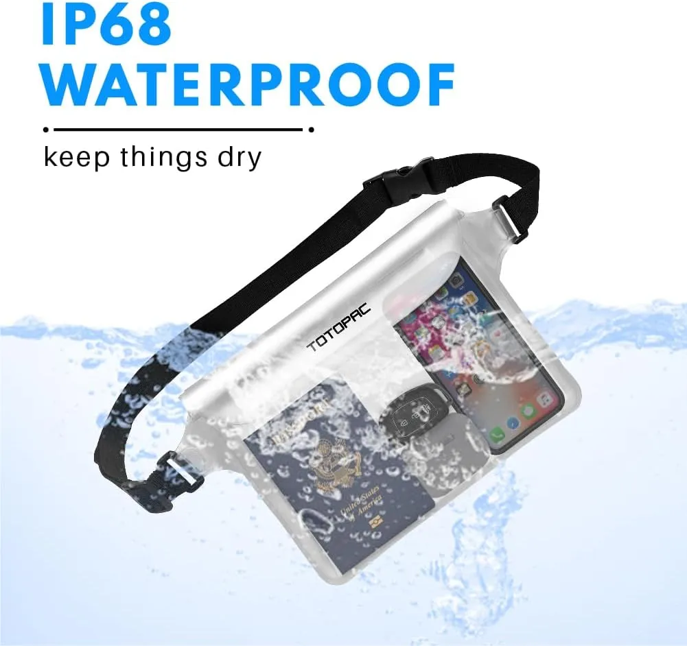2-Pack Waterproof Fanny Pack, Phone Pouch with Waist Strap, 9x6.7 Inch Dry Bag for Phone, Cash, and Valuables  for Swimming, Kayaking, Boating, Snorkeling, and Water Sports (2, Blue   White)