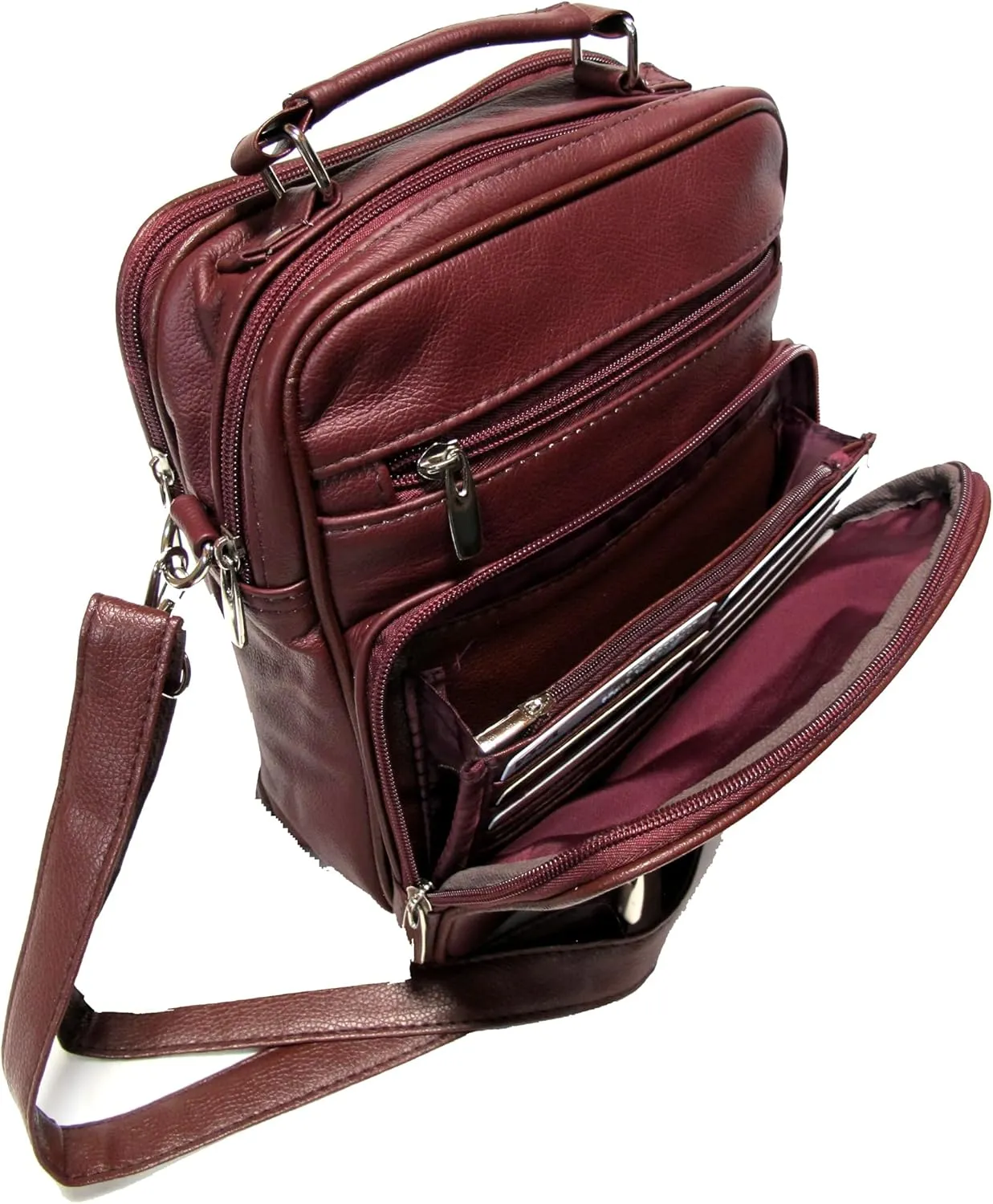 7 Pocket Multi-Function Genuine Leather Organizer Crossbody Shoulder Hand Carry 3 in 1 All Occassion 4 Season Companion Bag