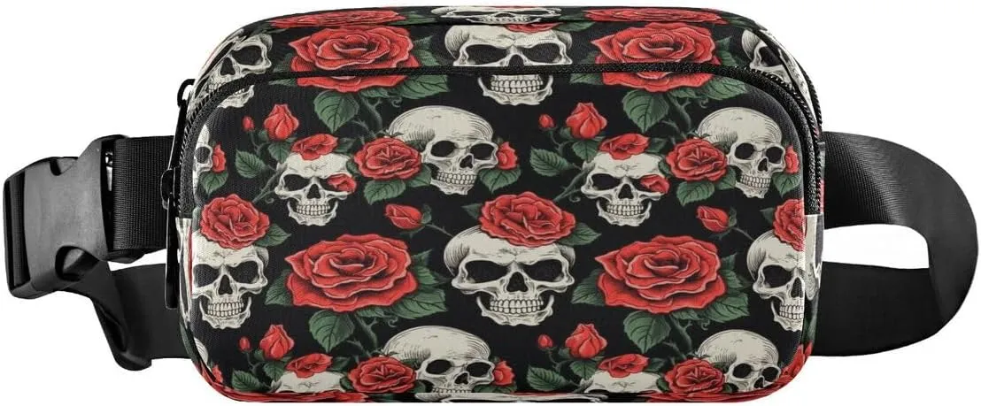 ALAZA Sugar Skull Rose Flower Black Floral Waist Packs Spot Belt Bag Crossbody Bag Fanny Pack Pouch for Men Women Hiking Running Cycling Traveling
