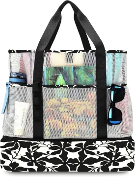 Beach Bag with Cooler,Mesh Beach Bags for Women Sandproof for Pool and Swimming Travel Daily with Durable 8 Pocket