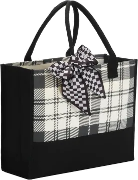 Black White Polka Dot Checkered Plaid Stripes Canvas Tote Bag, Waterproof Durable Tear Resistant with Zipper Closure
