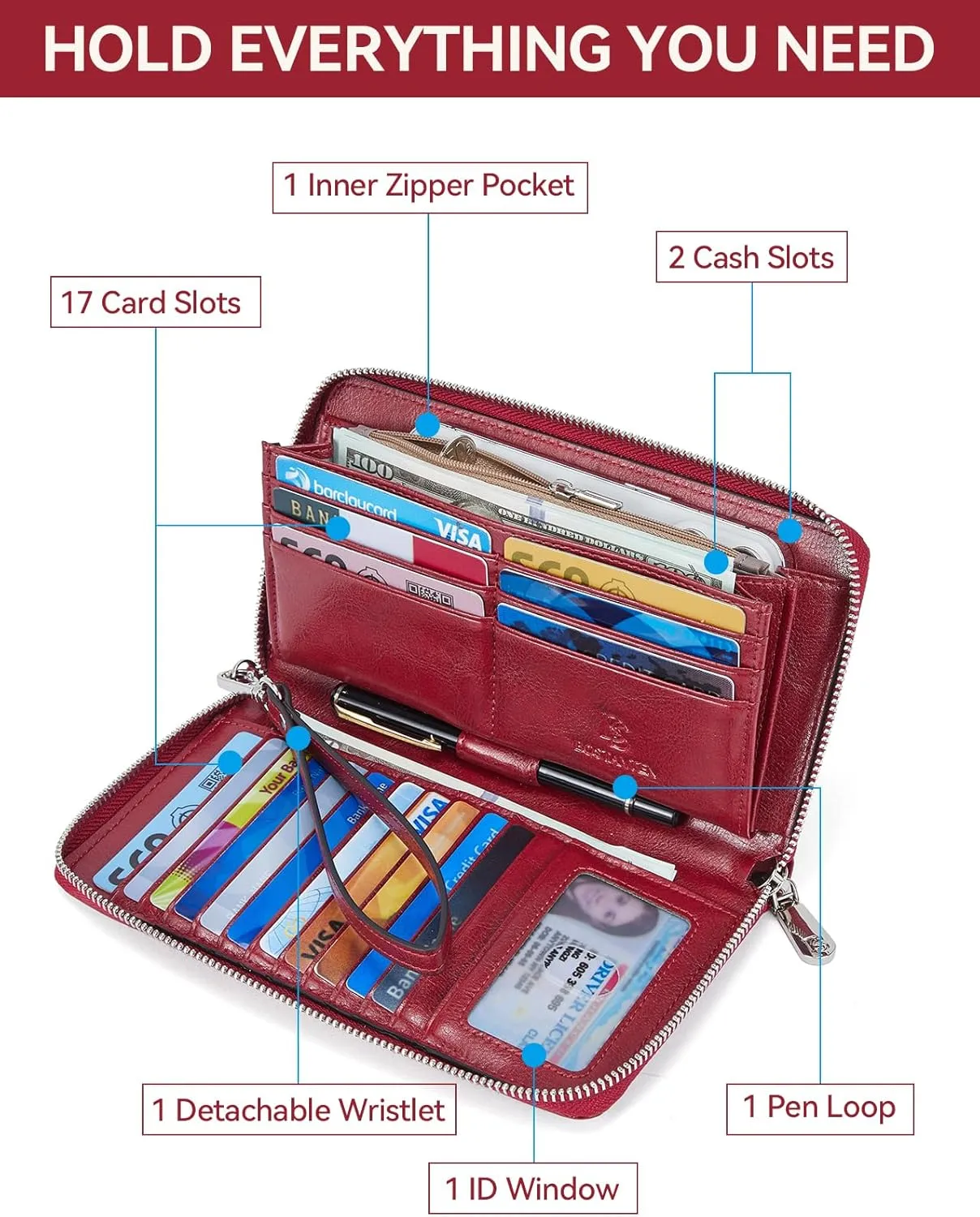 BOSTANTEN Leather Wallet for Women RFID Blocking Zip Around Credit Cards Holder Phone Clutch