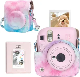 CAIYOULE Protective Camera Case for Instax Mini 12 Instant Camera Fuji Mini 12 Case PU Leather Carrying Bag with Adjustable Shoulder Strap and 64 Pockets Photo Album - Blue Pink Watercolor