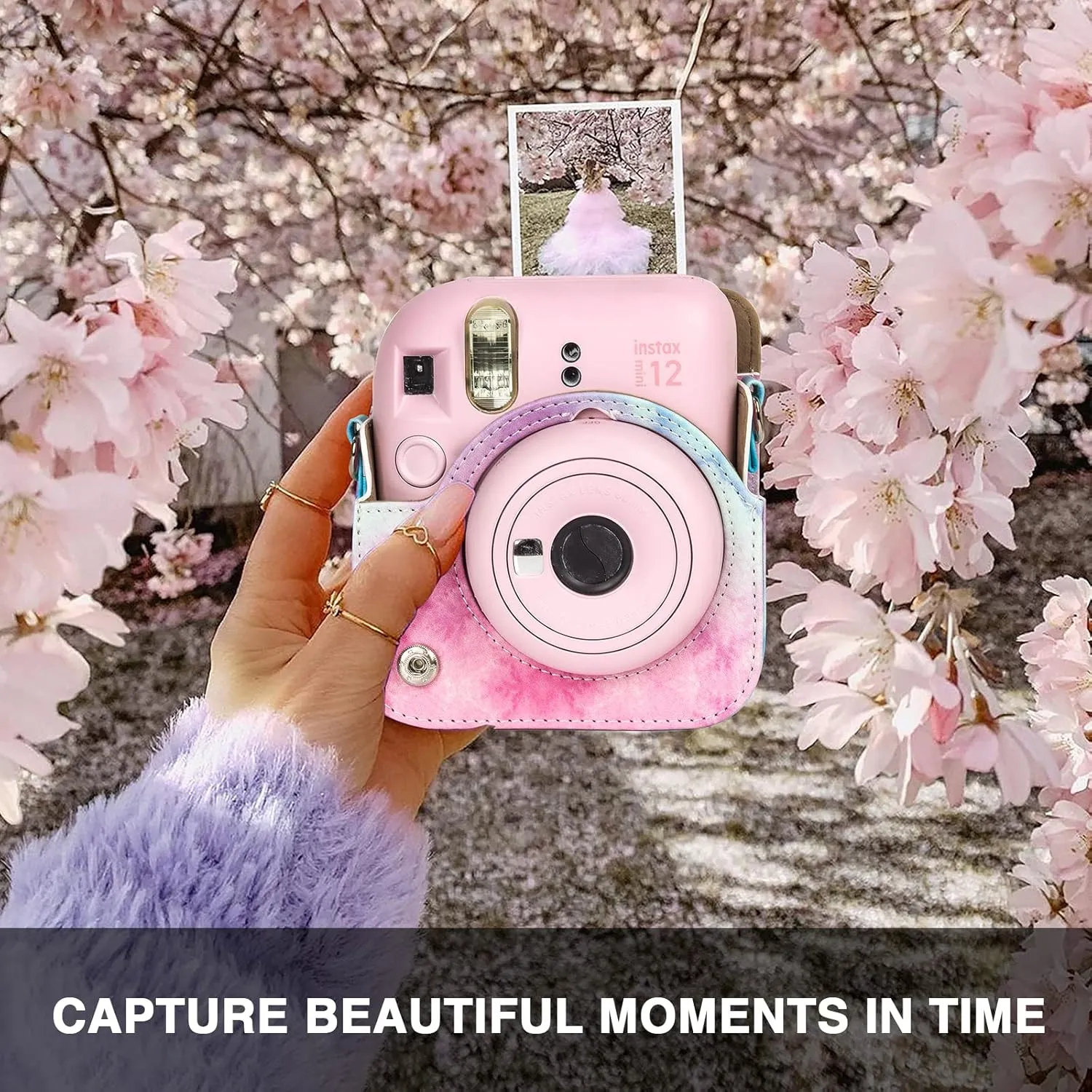 CAIYOULE Protective Camera Case for Instax Mini 12 Instant Camera Fuji Mini 12 Case PU Leather Carrying Bag with Adjustable Shoulder Strap and 64 Pockets Photo Album - Blue Pink Watercolor