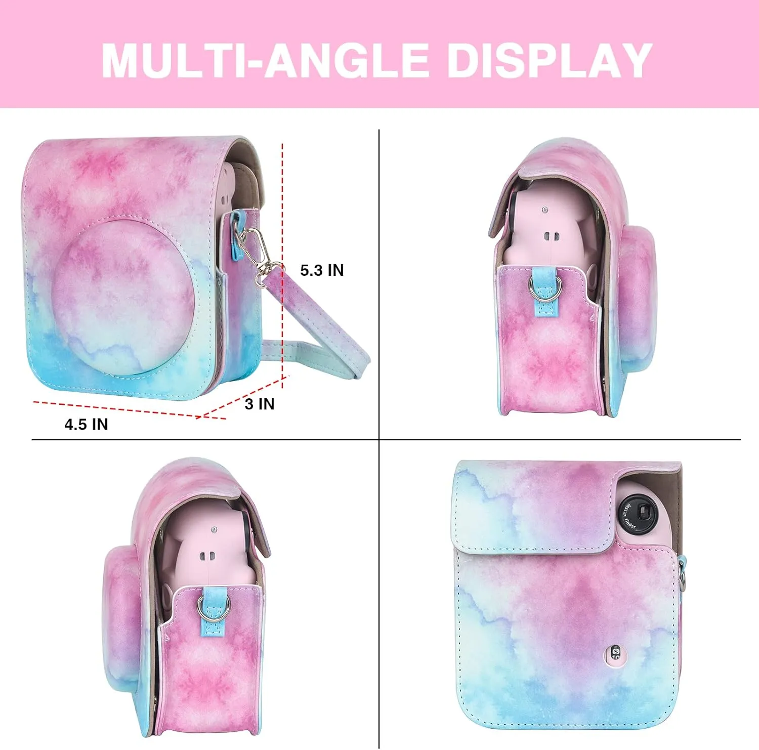 CAIYOULE Protective Camera Case for Instax Mini 12 Instant Camera Fuji Mini 12 Case PU Leather Carrying Bag with Adjustable Shoulder Strap and 64 Pockets Photo Album - Blue Pink Watercolor
