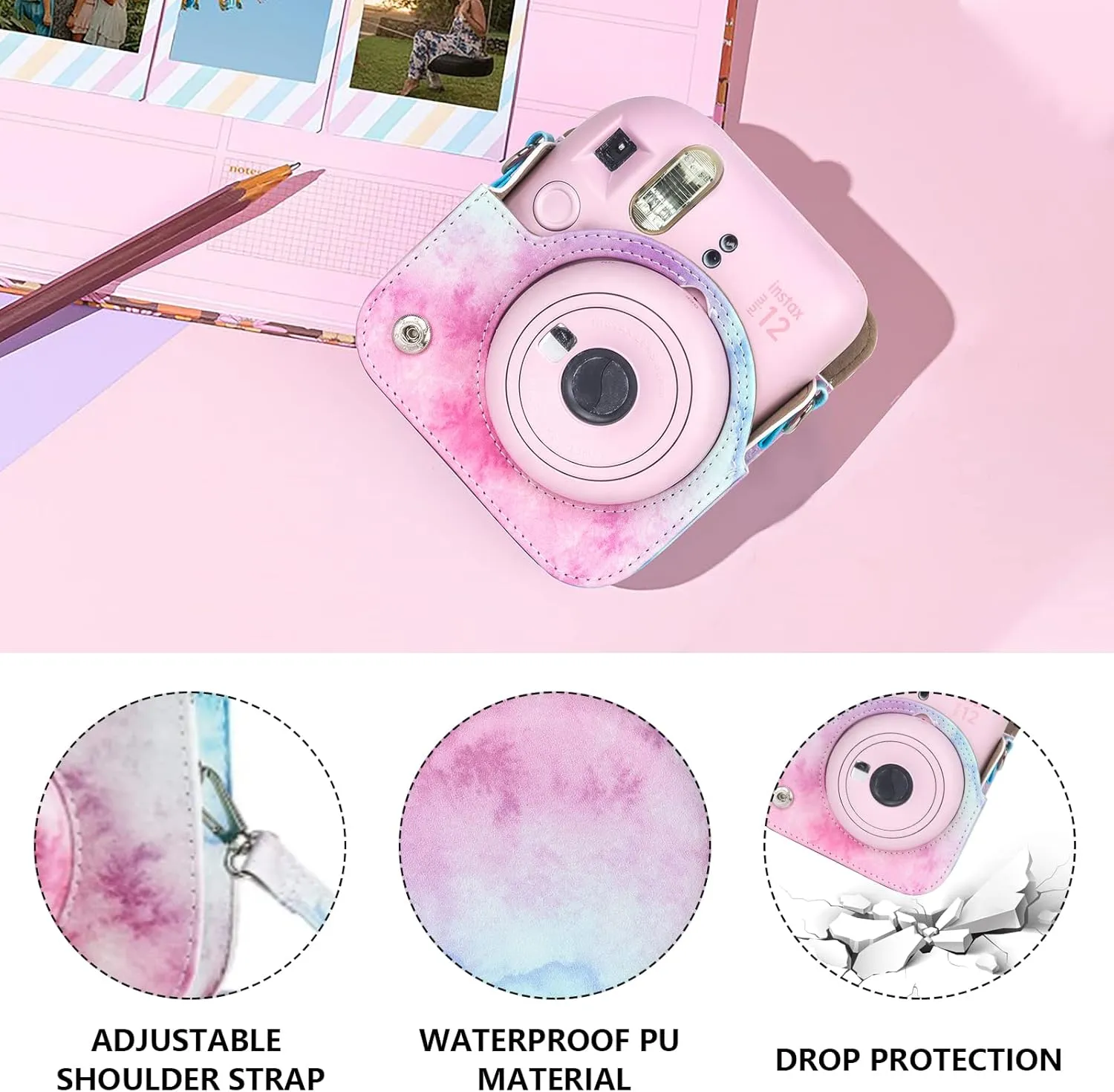 CAIYOULE Protective Camera Case for Instax Mini 12 Instant Camera Fuji Mini 12 Case PU Leather Carrying Bag with Adjustable Shoulder Strap and 64 Pockets Photo Album - Blue Pink Watercolor