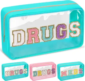 Chenille Letter Clear DRUGS Makeup Bag, Meds Travel Bag Small Preppy Makeup Pouch with Zipper, Transparent PVC & Nylon Waterproof Portable Glitter Cosmetic Toiletry Storage for Women Girl(DRUGS-Green)