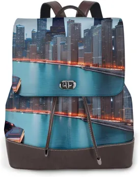 Chicago Print Women's PU Leather Backpack, Fashion, Work, Journey Daily Use - Chestnut Brown