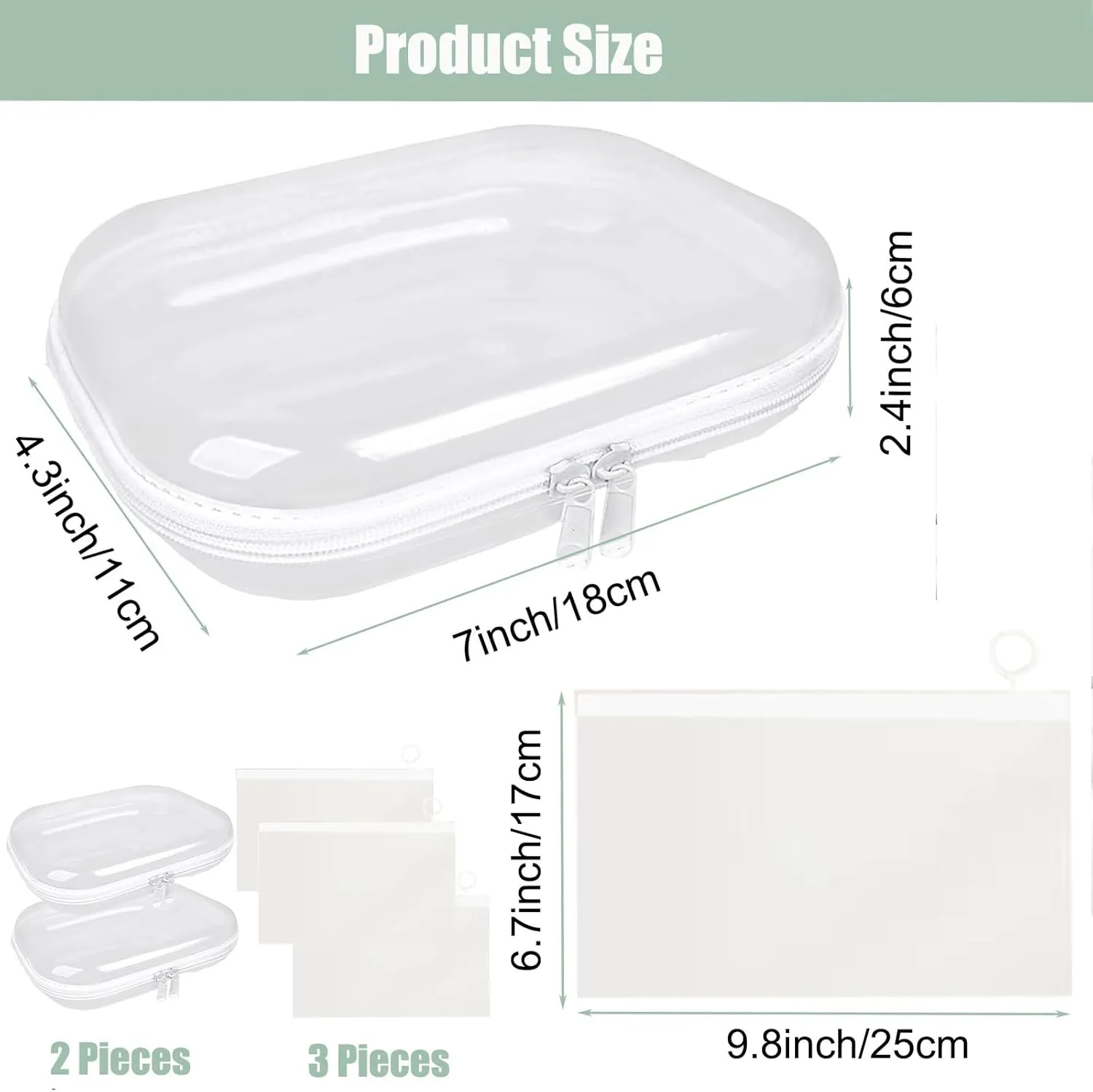 Clear Hard Shell Zipper Case - Waterproof Zippered Pouch, Transparent Case, Hard Sided Organizer for Travel Essentials, White, 7.5inch