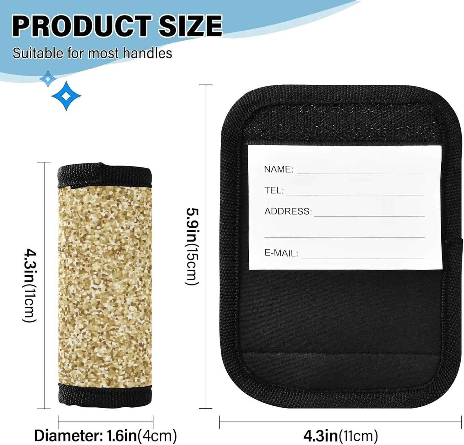 Custom Golden Sand Glitter Luggage Bag Handle Wrap Velcro Neon Suitcases Luggage Identifier Luggage Accessories for Travel, 2 Pack
