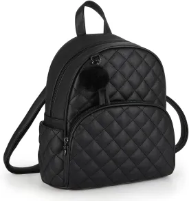 ECOSUSI Mini Backpack for Women Leather Small Backpack Purse for Ladies Cute Pom Bookbag Travel Shoulder Bag with Charm Tassel Black