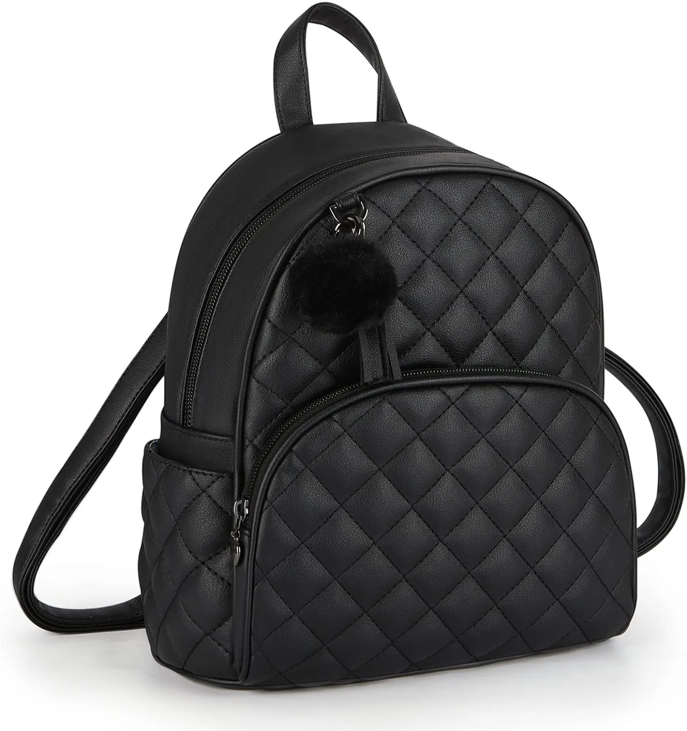 ECOSUSI Mini Backpack for Women Leather Small Backpack Purse for Ladies Cute Pom Bookbag Travel Shoulder Bag with Charm Tassel Black