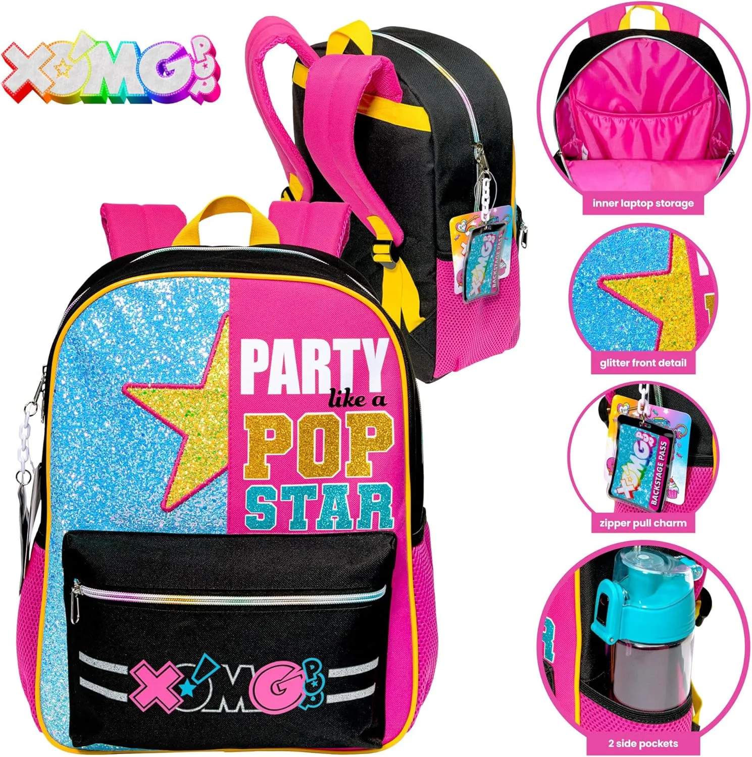 Fashion Angels XOMG POP! Glitter Party Pop Star Backpack, Bookbag with Adjustable Straps & Spacious Compartments, Official XOMG POP! Merchandise for Kids & Tweens