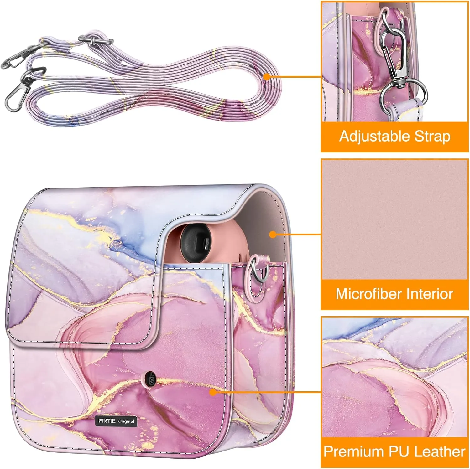 Fintie Protective Case for Fujifilm Instax Mini 7  Instant Camera - Premium Vegan Leather Bag Cover with Removable Adjustable Strap, Glittering Marble