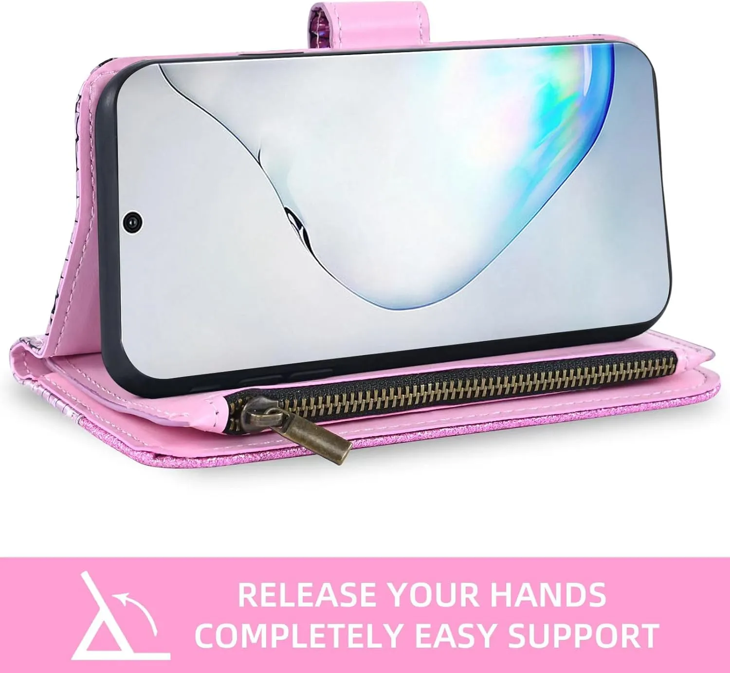 Floral Wallet Case for Samsung Galaxy Note 10 Plus Note10  5G with Wrist Strap Shoulder Strap Flip Zipper Purse Card Holder,Glitter Phone Cover for Note10   Notes 10  Ten Not S10 10Plus Pink