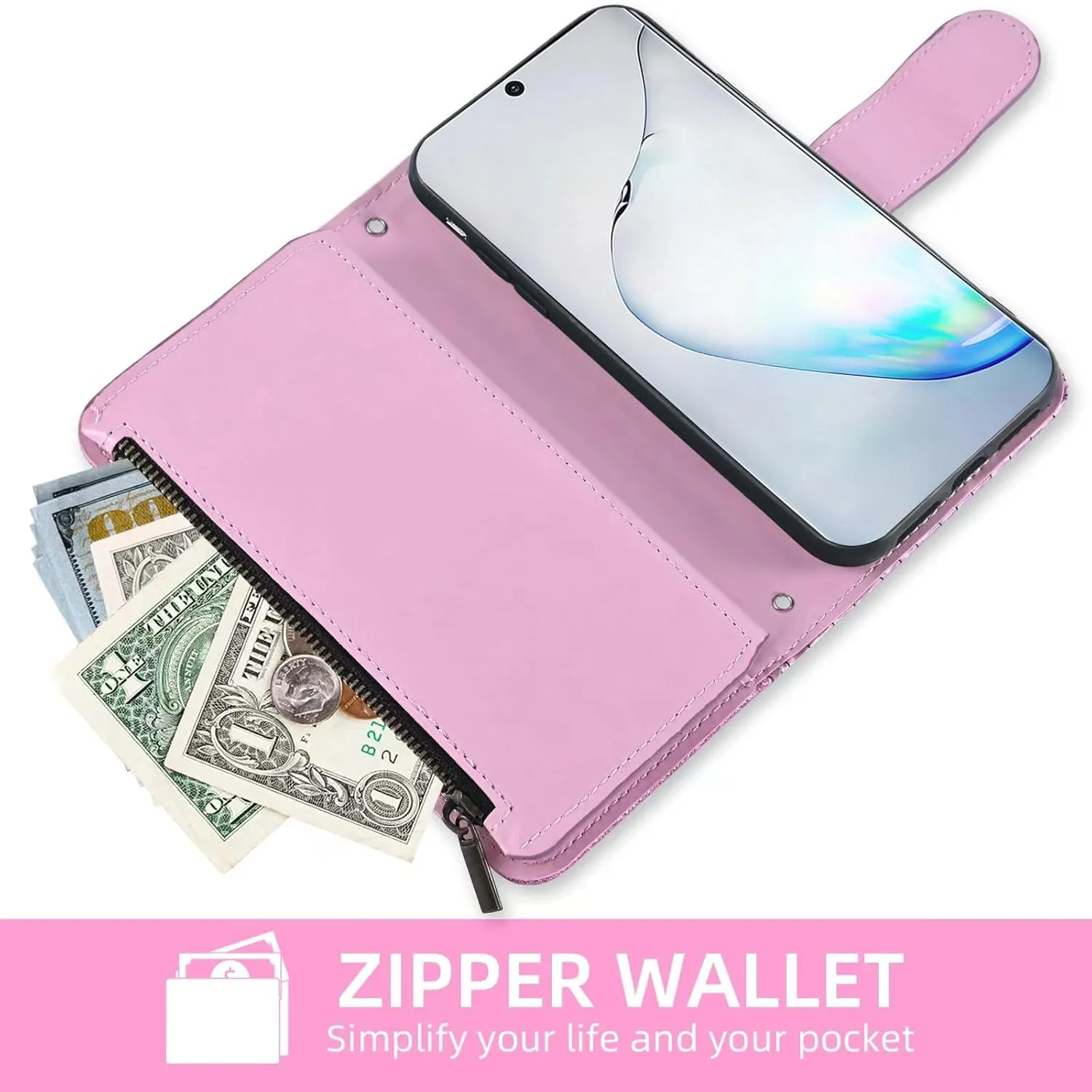 Floral Wallet Case for Samsung Galaxy Note 10 Plus Note10  5G with Wrist Strap Shoulder Strap Flip Zipper Purse Card Holder,Glitter Phone Cover for Note10   Notes 10  Ten Not S10 10Plus Pink