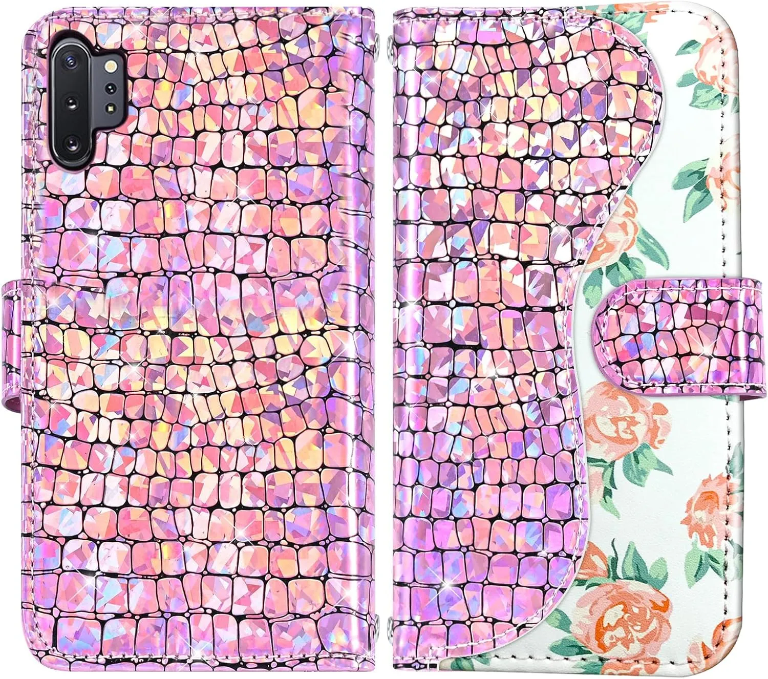 Floral Wallet Case for Samsung Galaxy Note 10 Plus Note10  5G with Wrist Strap Shoulder Strap Flip Zipper Purse Card Holder,Glitter Phone Cover for Note10   Notes 10  Ten Not S10 10Plus Pink