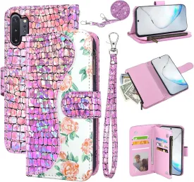 Floral Wallet Case for Samsung Galaxy Note 10 Plus Note10  5G with Wrist Strap Shoulder Strap Flip Zipper Purse Card Holder,Glitter Phone Cover for Note10   Notes 10  Ten Not S10 10Plus Pink