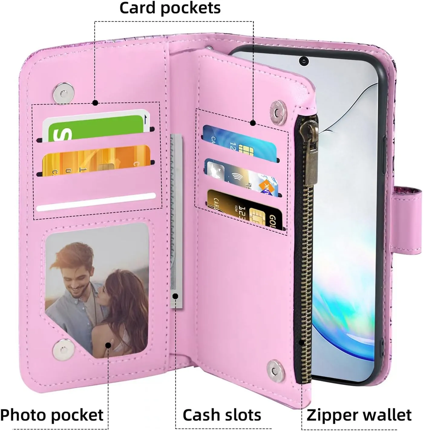 Floral Wallet Case for Samsung Galaxy Note 10 Plus Note10  5G with Wrist Strap Shoulder Strap Flip Zipper Purse Card Holder,Glitter Phone Cover for Note10   Notes 10  Ten Not S10 10Plus Pink