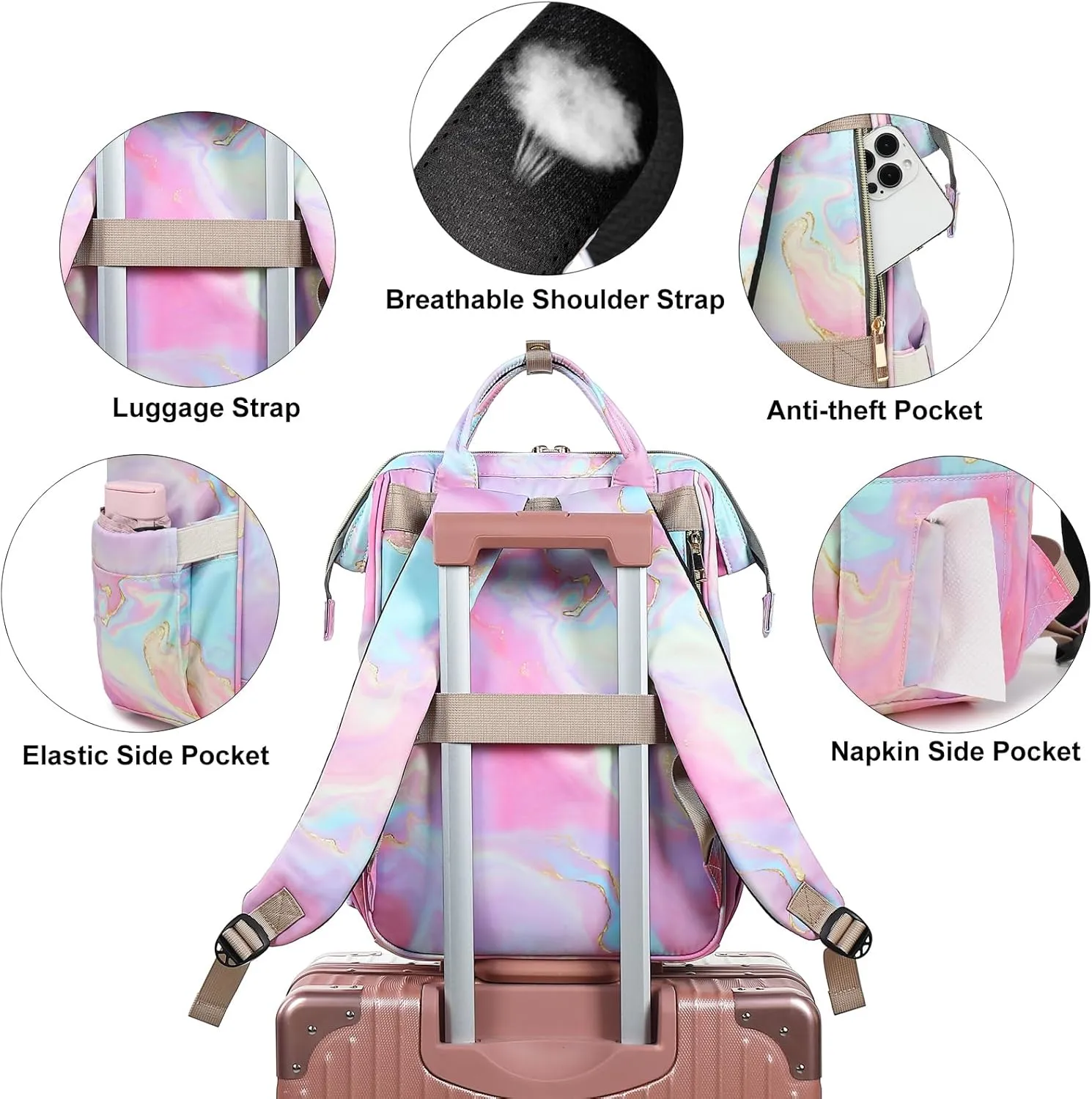 Fuyicat Marble Insulated Lunch Laptop Backpack Backpack for Women, Girls School Backpack College Bookbags Picnic Cooler Backpack (Pink)