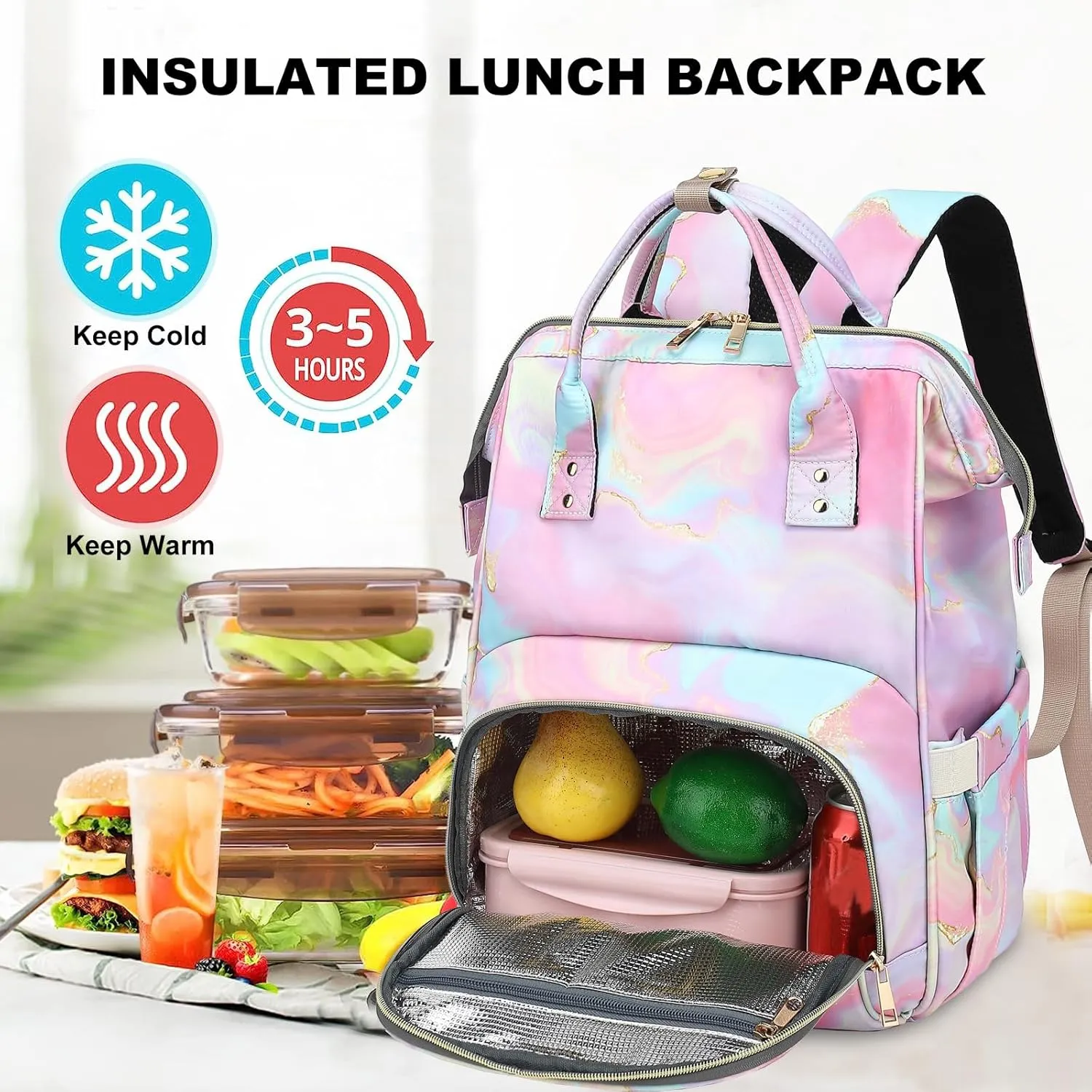 Fuyicat Marble Insulated Lunch Laptop Backpack Backpack for Women, Girls School Backpack College Bookbags Picnic Cooler Backpack (Pink)