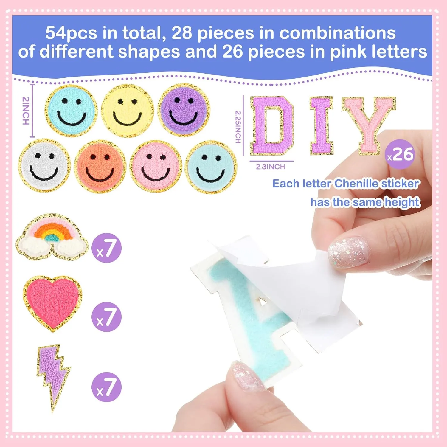 Geosar 54 Pcs Self Adhesive Chenille Letters Patches Glitter Rainbow Preppy Cute Sew Patches Christmas Letter Craft for DIY Clothing Backpack Bag(2.17 Inch,Multicolored)