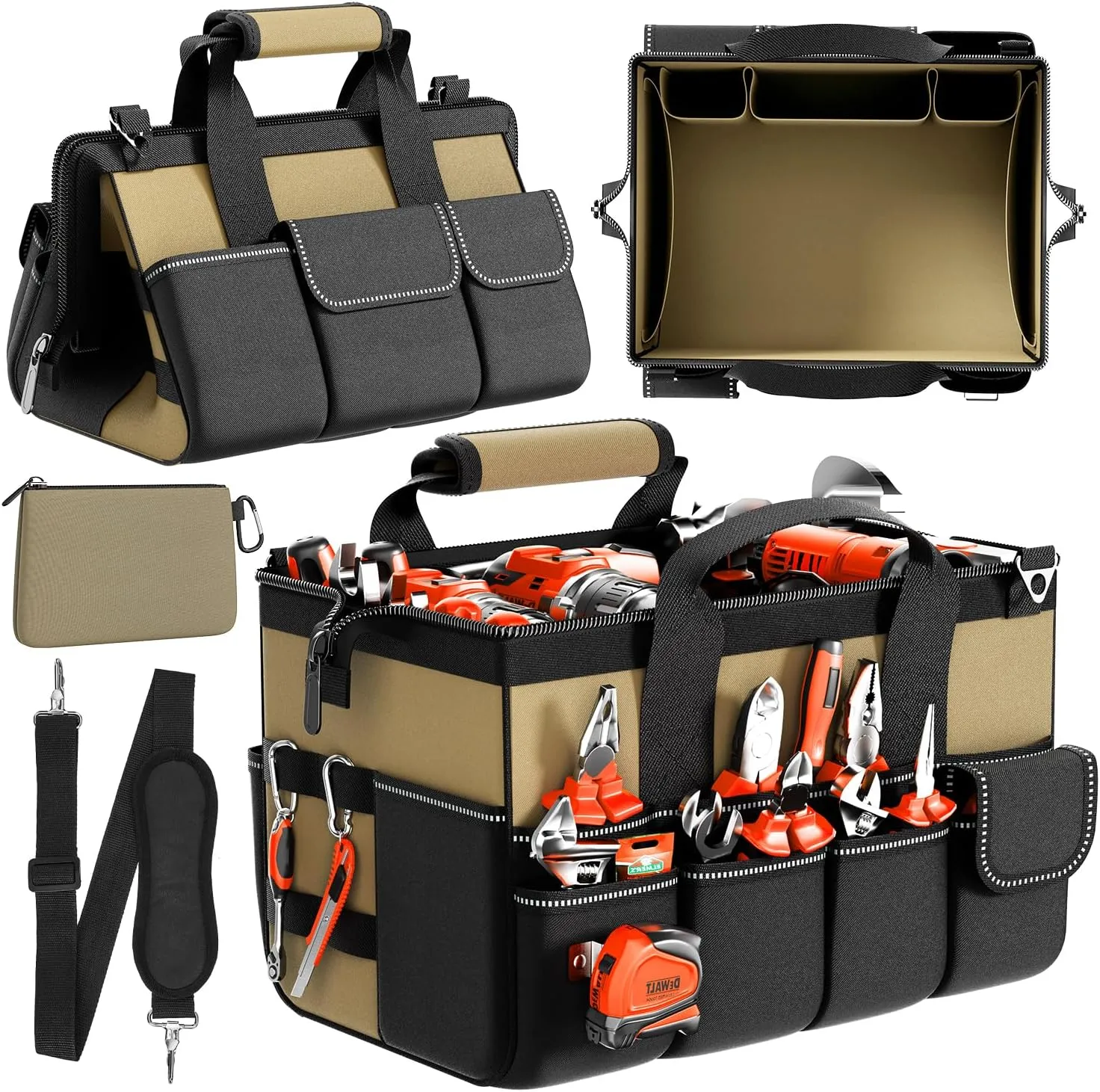 Goovilla Tool Bag 15.5 Inch with 1 Pouch | 17-Pocket Portable Tool Box Organizer Storage with Adjustable Strap, Soft Handle and Durable Zipper | Heavy Duty Tool Bags for Men, Fathers Day (Khaki)