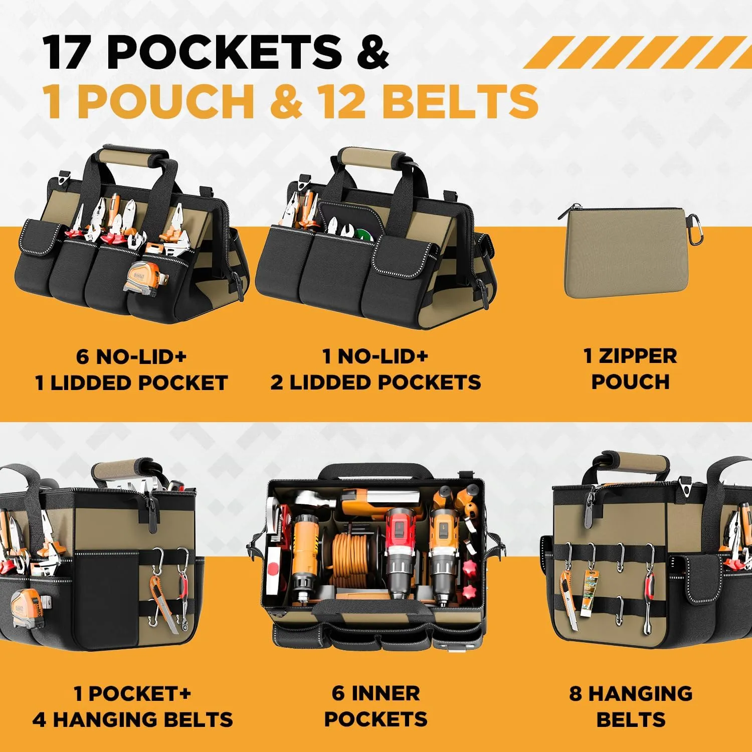 Goovilla Tool Bag 15.5 Inch with 1 Pouch | 17-Pocket Portable Tool Box Organizer Storage with Adjustable Strap, Soft Handle and Durable Zipper | Heavy Duty Tool Bags for Men, Fathers Day (Khaki)