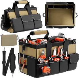 Goovilla Tool Bag 15.5 Inch with 1 Pouch | 17-Pocket Portable Tool Box Organizer Storage with Adjustable Strap, Soft Handle and Durable Zipper | Heavy Duty Tool Bags for Men, Fathers Day (Khaki)
