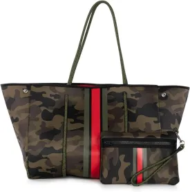 Haute Shore - Greyson Soho Neoprene Tote Bag w/Zipper Wristlet Inside, Green Camo W/Olive, Black, & Red Stripe