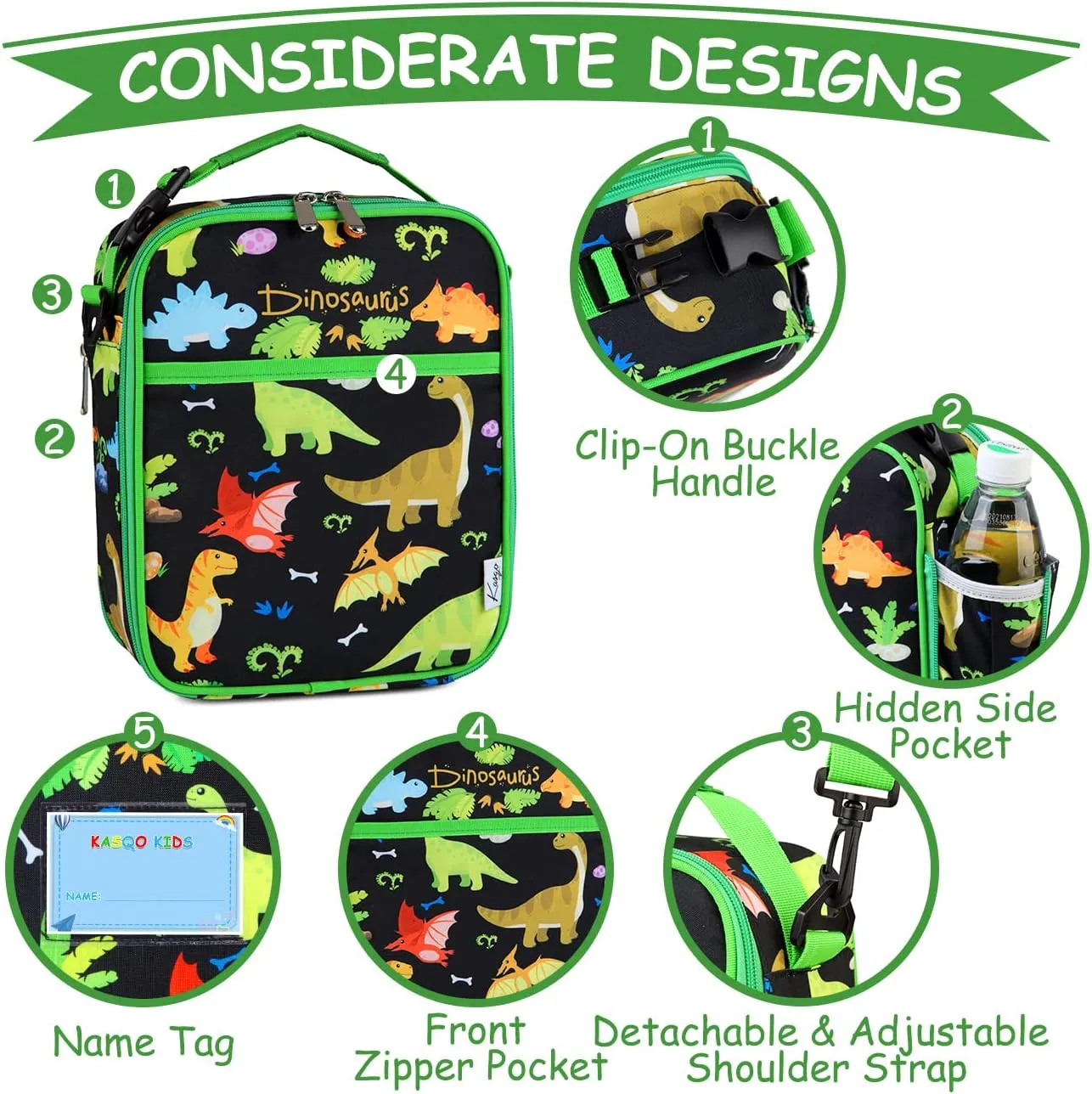 Kasqo Lunch Box Bag for Kids, Insulated Cute Lunch Bag with Shoulder strap Water Bottle Holder Mini Cooler Thermal Meal Tote Kit for Toddler Boys and Girls, Black Dinosaur
