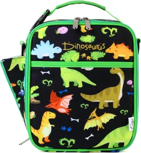 Kasqo Lunch Box Bag for Kids, Insulated Cute Lunch Bag with Shoulder strap Water Bottle Holder Mini Cooler Thermal Meal Tote Kit for Toddler Boys and Girls, Black Dinosaur