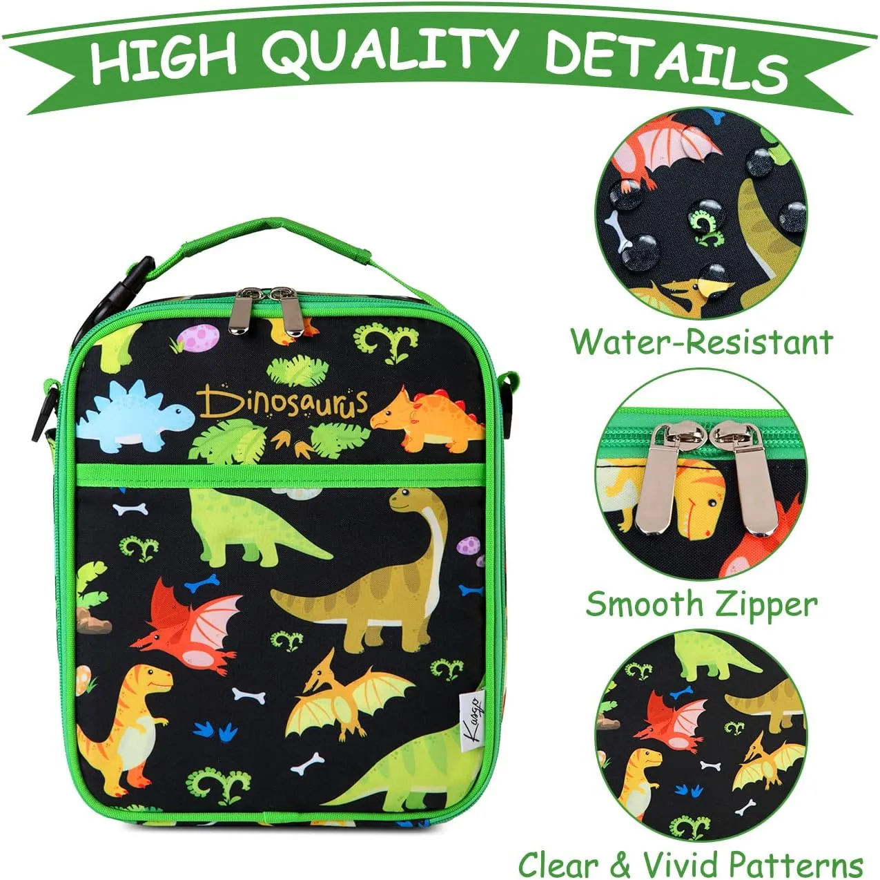 Kasqo Lunch Box Bag for Kids, Insulated Cute Lunch Bag with Shoulder strap Water Bottle Holder Mini Cooler Thermal Meal Tote Kit for Toddler Boys and Girls, Black Dinosaur