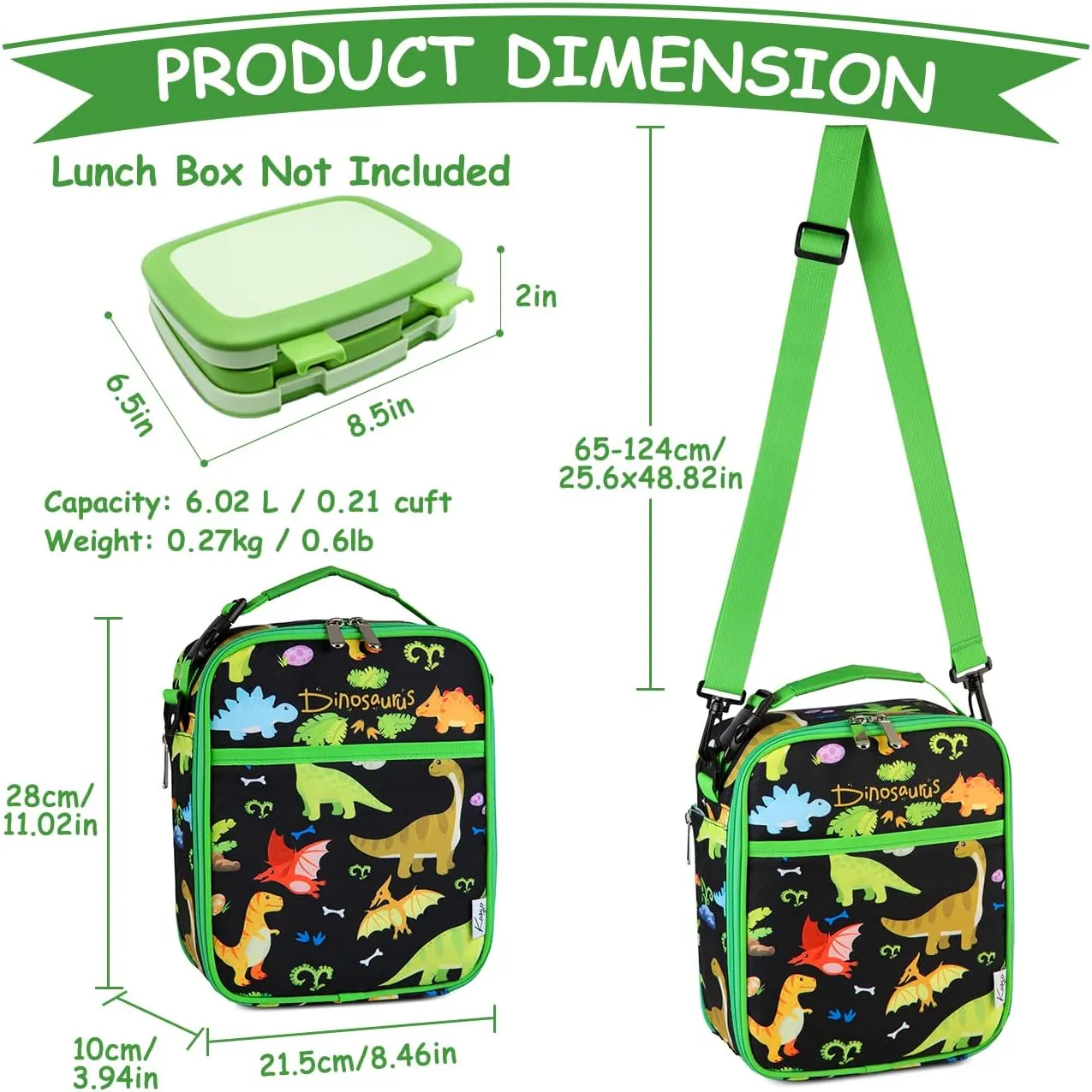 Kasqo Lunch Box Bag for Kids, Insulated Cute Lunch Bag with Shoulder strap Water Bottle Holder Mini Cooler Thermal Meal Tote Kit for Toddler Boys and Girls, Black Dinosaur