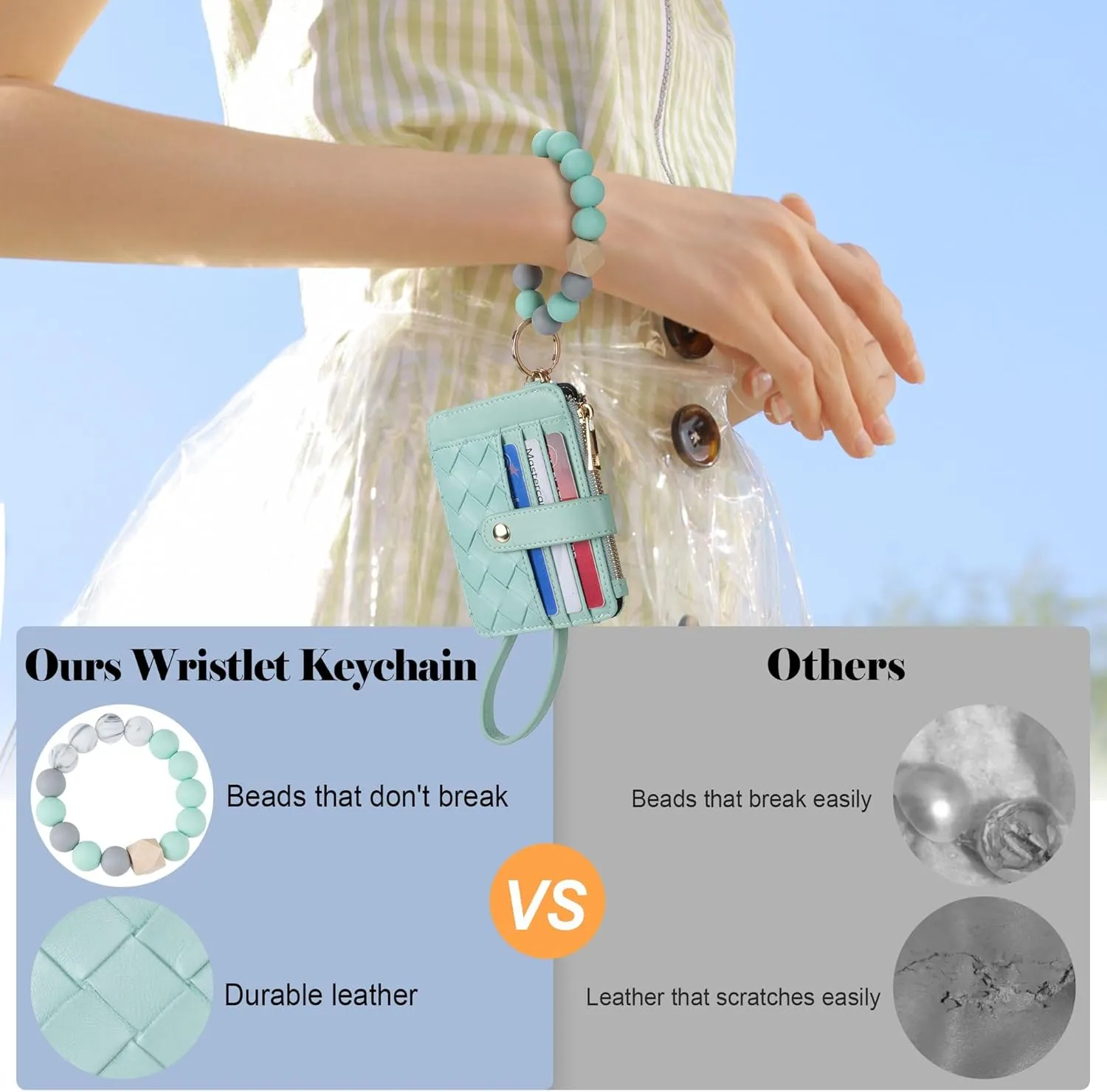 Keychain Wallet with Bracelet RFID Blocking Wristlet Credit Purse Card Holder, Silicone Bead Tassel Key Ring for Women