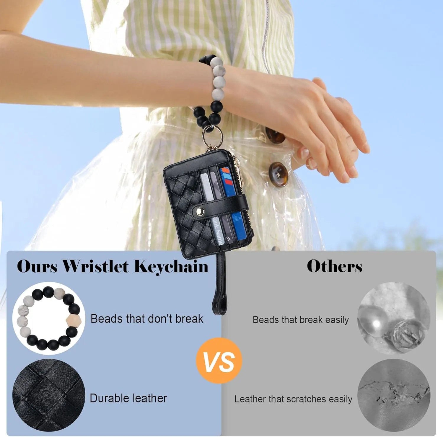 Keychain Wallet with Bracelet RFID Blocking Wristlet Credit Purse Card Holder, Silicone Bead Tassel Key Ring for Women