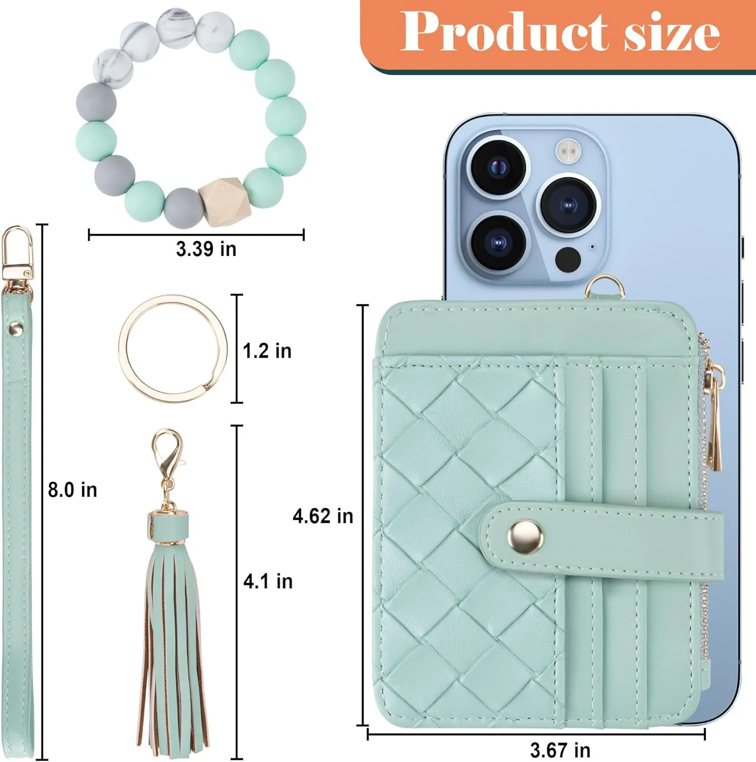 Keychain Wallet with Bracelet RFID Blocking Wristlet Credit Purse Card Holder, Silicone Bead Tassel Key Ring for Women