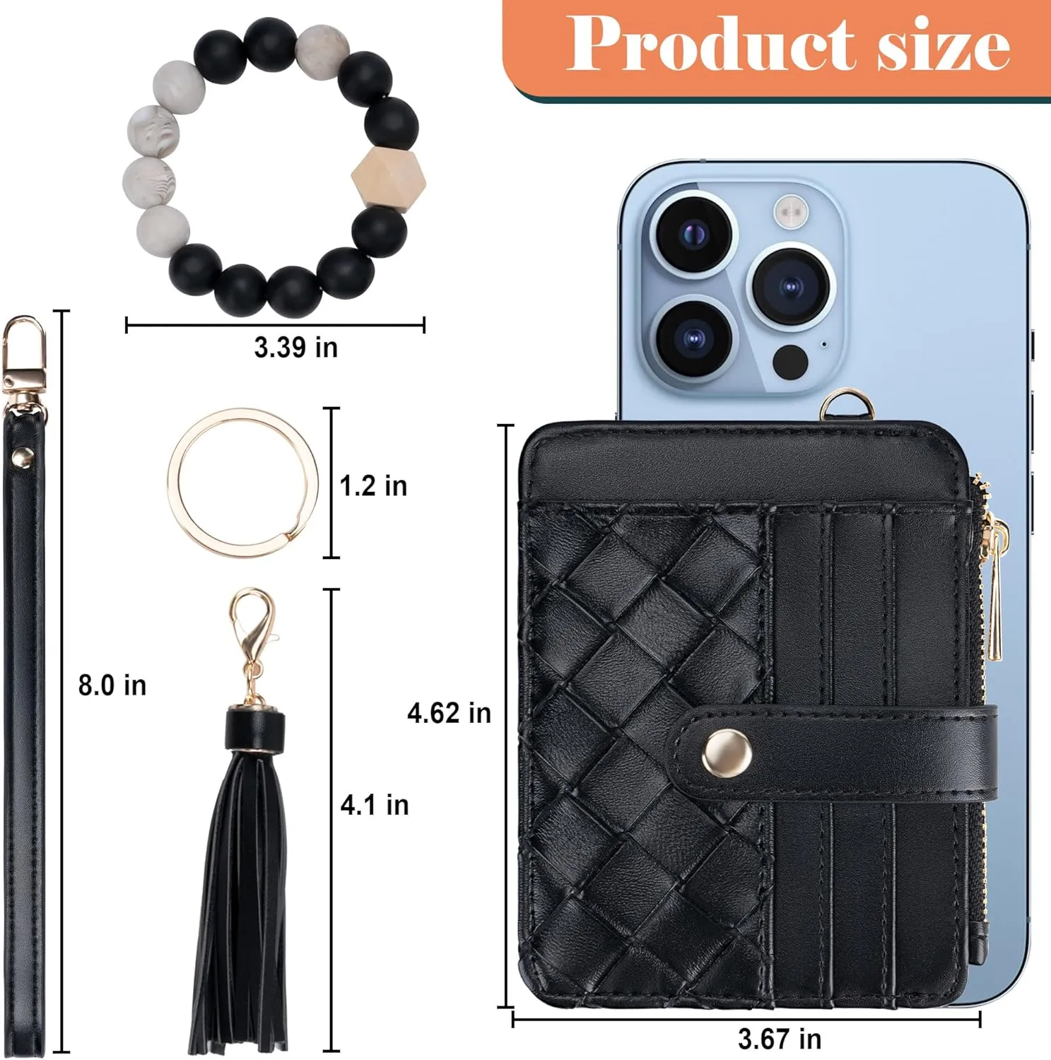 Keychain Wallet with Bracelet RFID Blocking Wristlet Credit Purse Card Holder, Silicone Bead Tassel Key Ring for Women