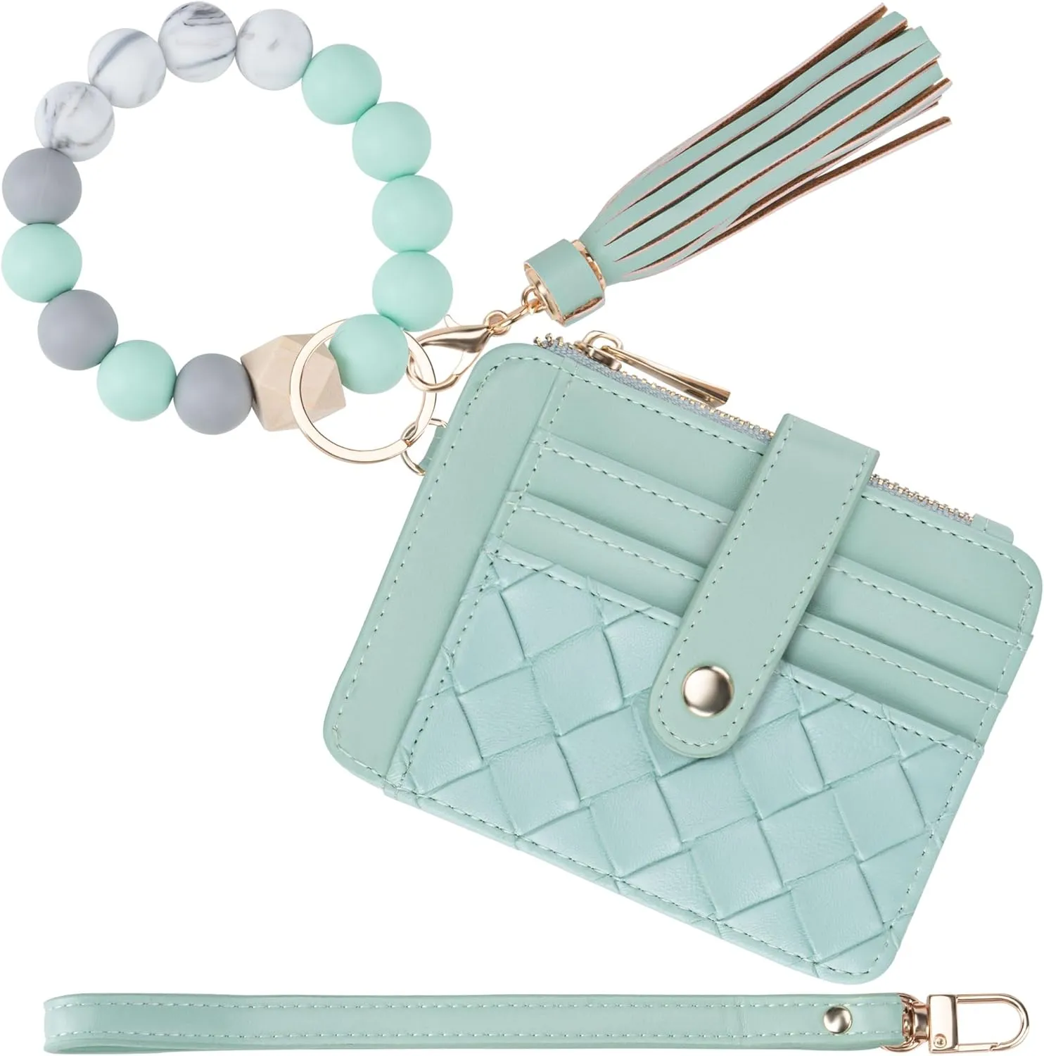 Keychain Wallet with Bracelet RFID Blocking Wristlet Credit Purse Card Holder, Silicone Bead Tassel Key Ring for Women