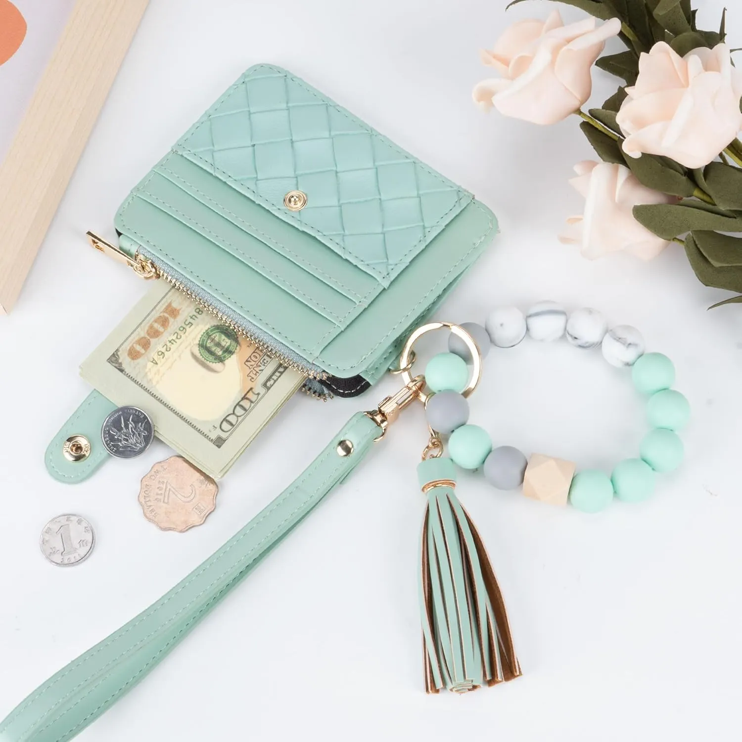 Keychain Wallet with Bracelet RFID Blocking Wristlet Credit Purse Card Holder, Silicone Bead Tassel Key Ring for Women