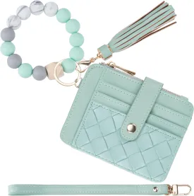 Keychain Wallet with Bracelet RFID Blocking Wristlet Credit Purse Card Holder, Silicone Bead Tassel Key Ring for Women