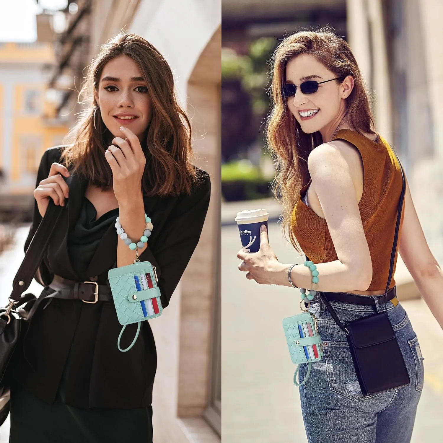Keychain Wallet with Bracelet RFID Blocking Wristlet Credit Purse Card Holder, Silicone Bead Tassel Key Ring for Women