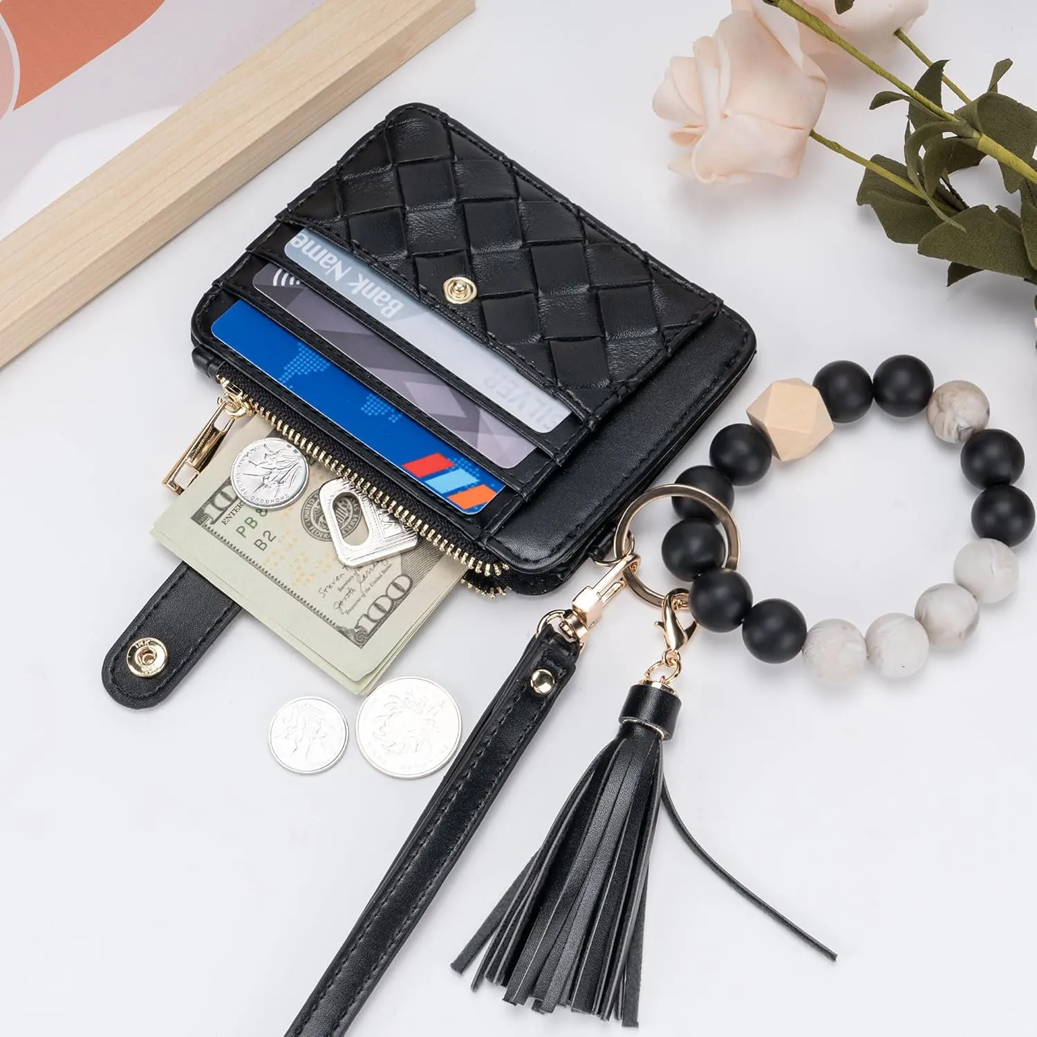 Keychain Wallet with Bracelet RFID Blocking Wristlet Credit Purse Card Holder, Silicone Bead Tassel Key Ring for Women