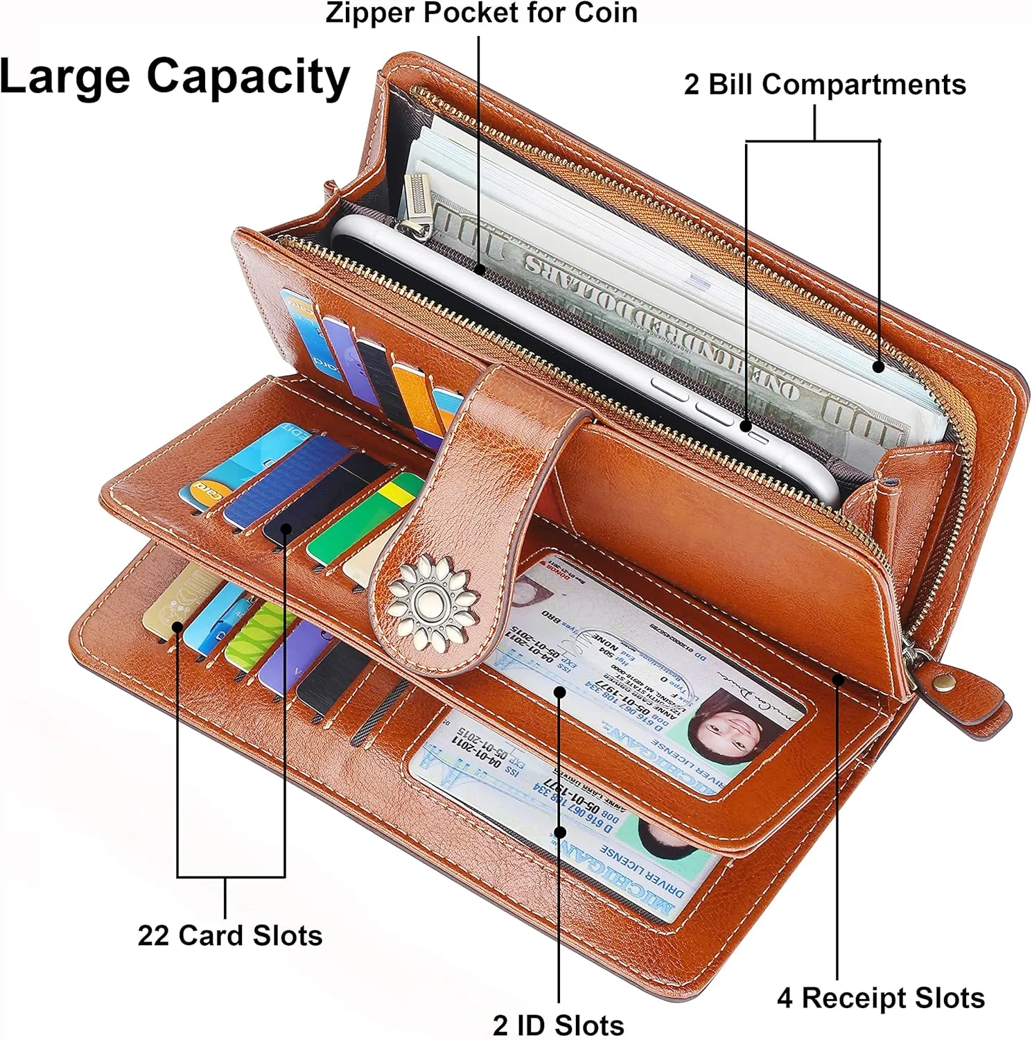 Lavemi Womens Large Capacity Genuine Leather RFID Blocking Wallets Wristlet Clutch Card Holder