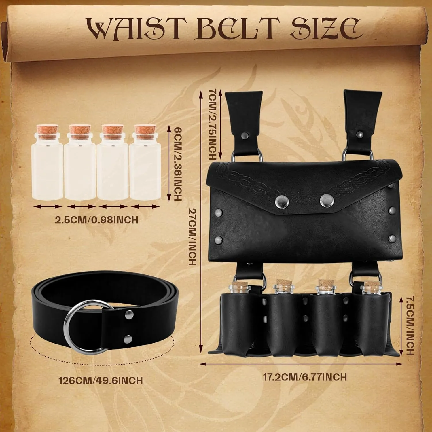 Medieval Alchemy Faux Leather Belt Bag with, Fantasy Wizard Renaissance Waist Pouches for Halloween Cosplay Costume