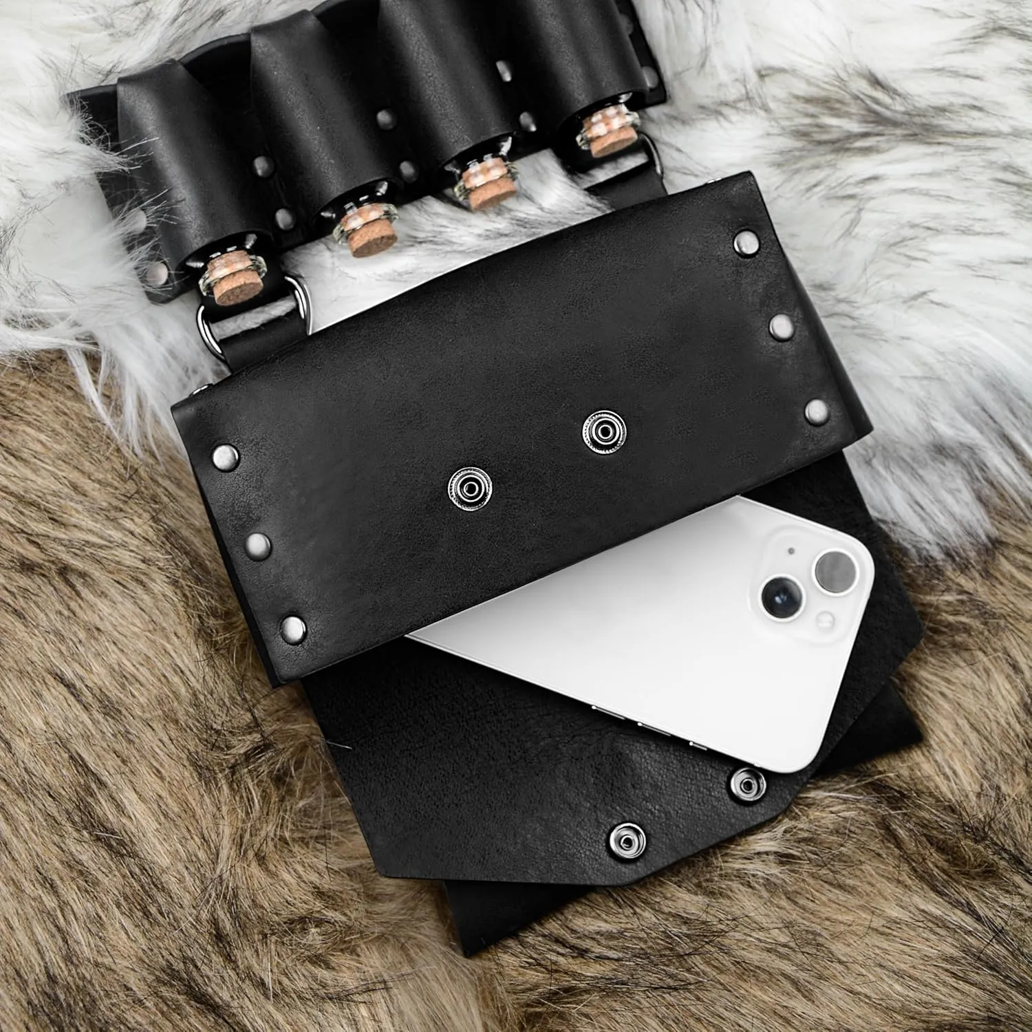 Medieval Alchemy Faux Leather Belt Bag with, Fantasy Wizard Renaissance Waist Pouches for Halloween Cosplay Costume