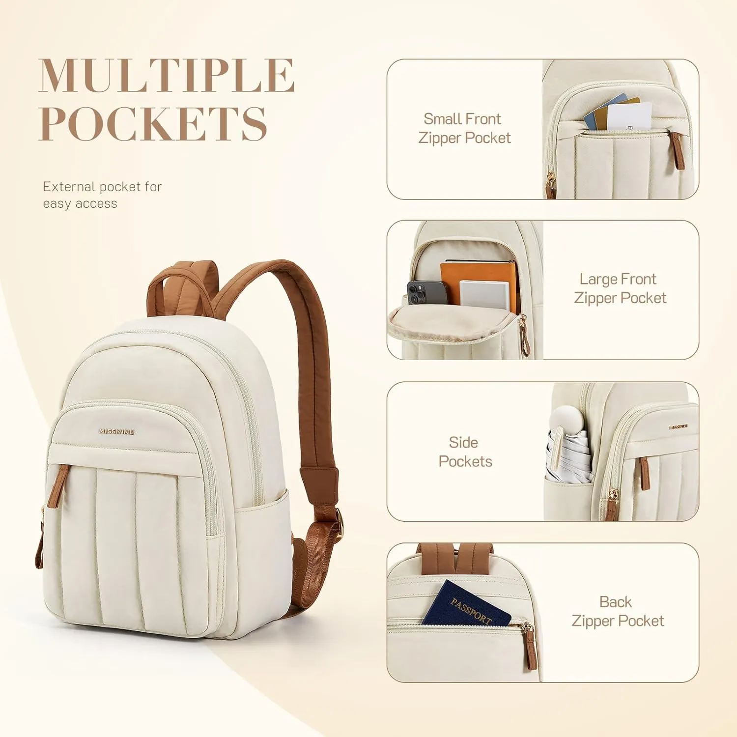 Missnine Mini Backpack for Women, Lightweight Quilted Small Backpack Purses, Puffer Daily Purse Water-resistant Brown Beige