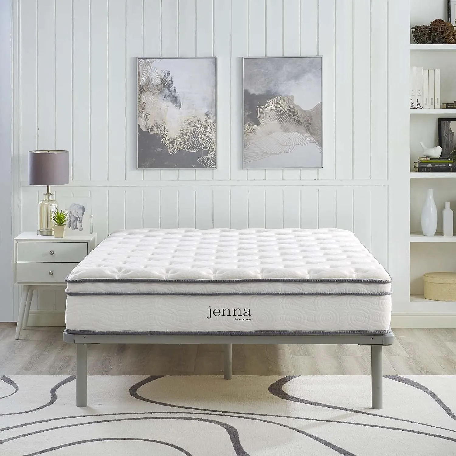 Modway Jenna Innerspring and Foam Mattress-10-Year Warranty, Queen, White